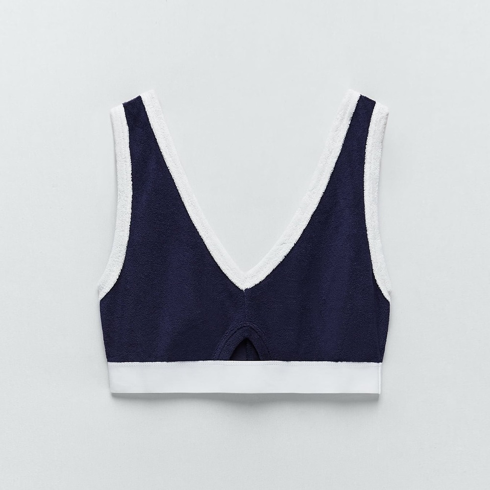 NWT- Zara Terry Cloth 70s Inspired Crop Top Cutout V-Neck Sleeveless Blue-White